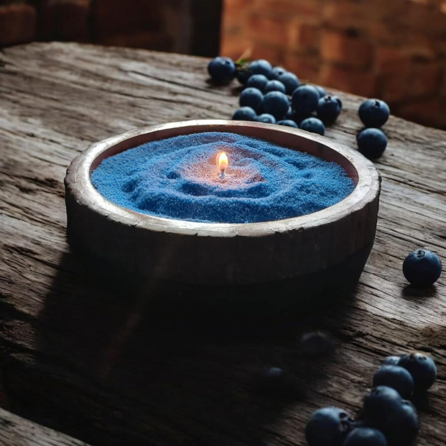 "Blueberry Essence Wax Candle in Rustic Wooden Bowl"