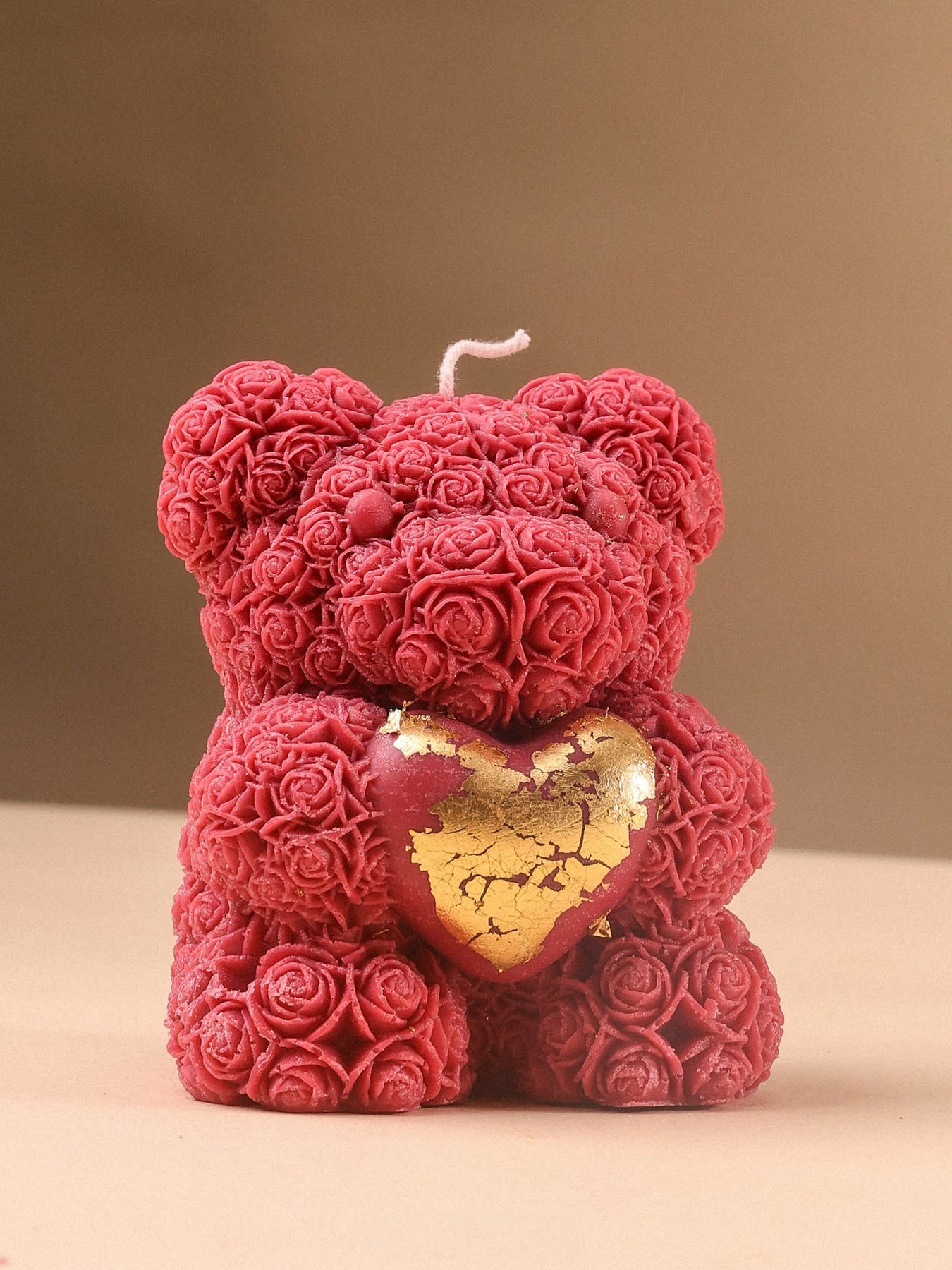 Rosé Teddy Heart Candle – 10cm Floral Soy Wax Bear