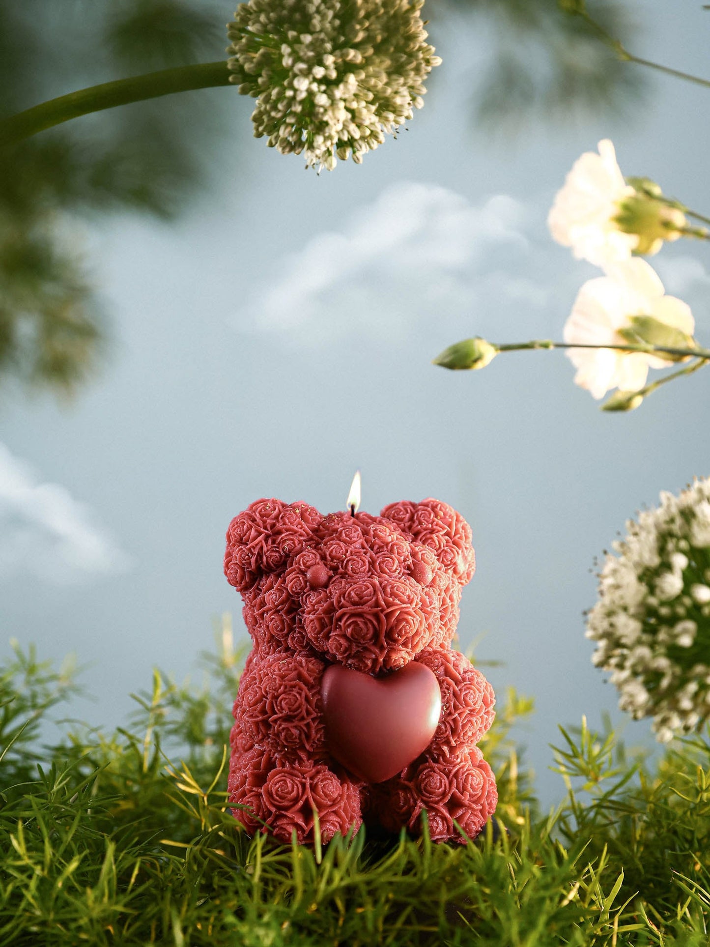 Rosé Teddy Heart Candle – 10cm Floral Soy Wax Bear