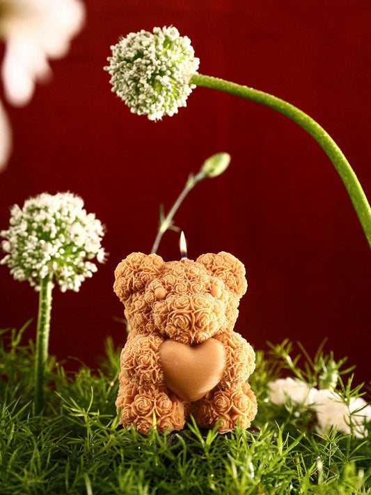 Rosé Teddy Heart Candle – 10cm Floral Soy Wax Bear
