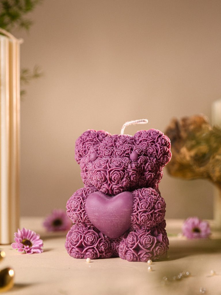 Rosé Teddy Heart Candle – 10cm Floral Soy Wax Bear